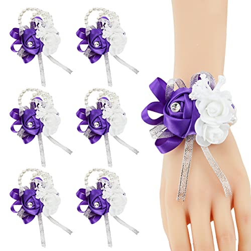 6pcs Purple Wedding Wrist Corsages Artificial Silk Rose for Women | for Wedding, Prom, Homecoming, and Evening Party, Wrist Corsages with Pearls for Brides, Bridesmaids, Mother of the Bride - color: 6pcs Deep Purple Wrist Corsages
