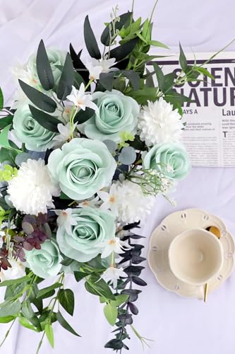 JUSMAI 12pcs Roses Artificial Flowers Real Touch Fake Flowers with Long Stems Silk Flowers for Wedding Bouquet Centerpices Decorations Party Bridal Baby Shower Home Decor (Sage Green) - color: Sage Green, size: 12PCS
