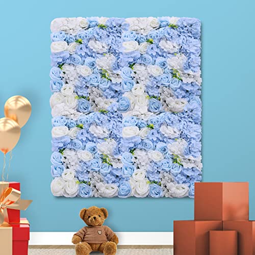 Artificial Flower Wall Panel, 4 Pcs White Silk Rose Blue Hydrangea Flower Wall Mat Fake Flower Wall Backdrop for Wedding Party Decoration 24" X 16" - color: 4pcs Blue White