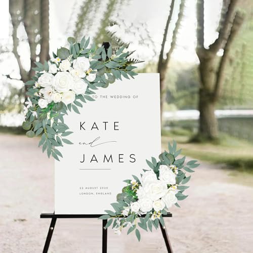 Wedding Arch Faux Flowers Set of 2, Wedding Welcome Signs Greenery Garland Decoration for Ceremony, Reception, Backdrop (White) - color: White-1