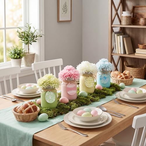 4 Set Spring Table Centerpieces Decoration Spring Mason Jar with Artificial Flowers Wooden Egg Tag Pastel Mason Jar Table Decoration for Home Office Dining Room Kitchen Desk Decor