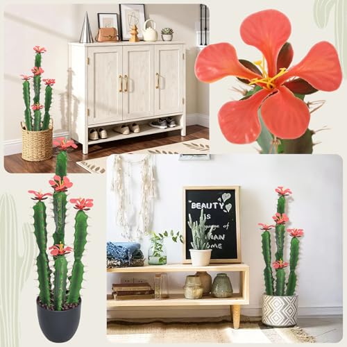 30inch Fake Cactus with Red Flowers, Faux Desert Cacti Fake Cactus Plant, Lagre Artificial Succulents Plants for Indoor and Outdoor Home Office Decor