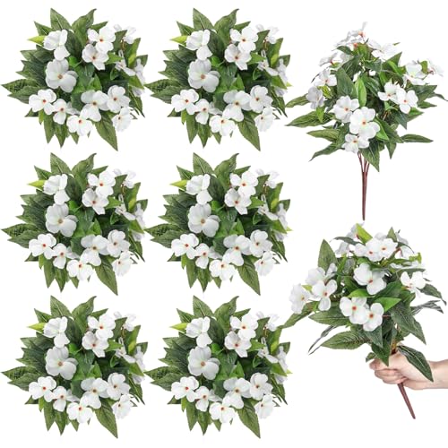 Wavwavw 6 Pcs Artificial Impatiens Bouquet Flowers for Outdoors 15 Inch Silk Flowers Greenery Artificial Impatiens for Outdoor Patio Lawn Garden Balcony Pot Hanging Basket Porch Decoration(White) - color: White