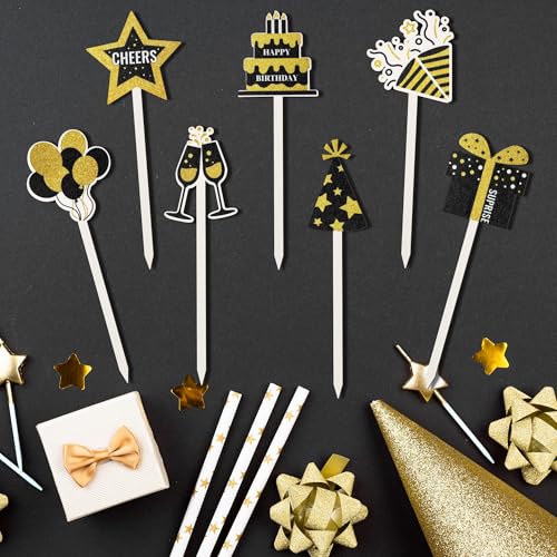 TICIAGA 14PCS Black Gold Birthday Wooden Decorative Picks, Vintage Gold Black and Silver Double-Sided Wooden Picks Cheers to Birthday Table Decorations, Black Gold Wood Decor for Home Vase Filler - color: Birthday Black Glod