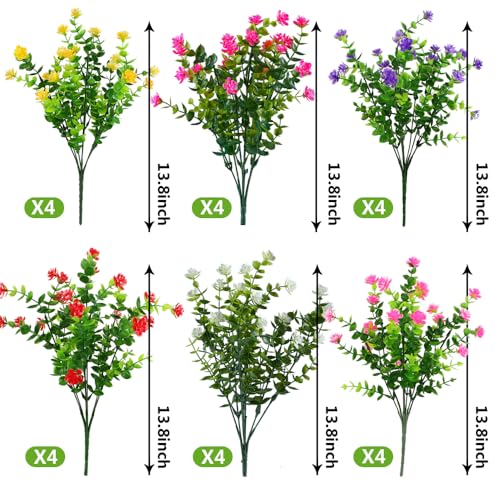 24 Bundles Artificial Flowers Fake Boxwood Shrubs UV Resistant No Fade Faux Greenery Plastic Lotus for Home Garden Indoor Outdoor Porch Patio Office Wedding Decoration(Mix Colors) - color: Mix-color