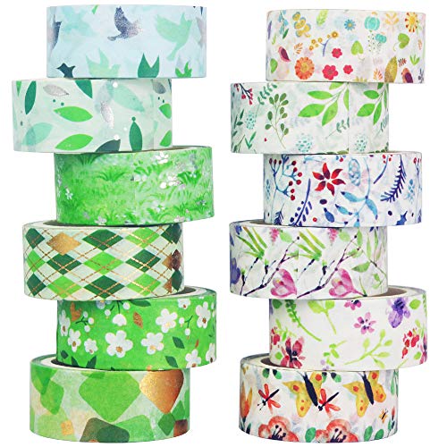 YUBBAEX Poetic Gold Washi Tape Set VSCO Floral Silver Foil Masking Tape Decorative for Arts, DIY Crafts, Journal Supplies, Planners, Scrapbook, Card/Gift Wrapping -15mm- (Willow 12 Rolls) - color: Willow 12 Rolls