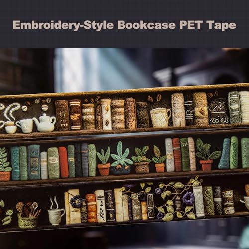 Magician’s Bookcase PET Tapes – 6 Rolls of Fantasy Embroidery-Style Bookcase Designs with Clip, for Scrapbook, Journal, Junk Journal, Planner and DIY Decor - color: Wizard Bookshelf