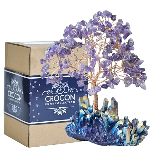 Crocon® Amethyst Crystals Tree with Rainbow Titanium Cluster Base Tree of Life Decor for Shelf, Birthday Gifts for Women, Sister Gifts, Birthday Gifts for Mom, Cute Home Decor, Purple Decor Present - color: Aa Amethyst Cluster