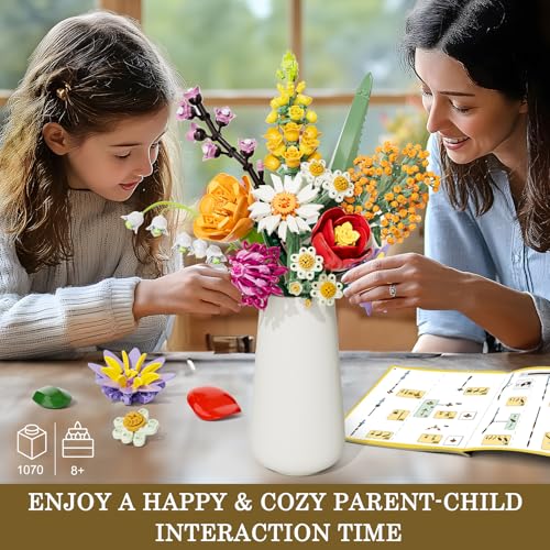 Flowers Bouquet Building Set, 1070PCS Wildflower Botanical Collection, Artificial Plant Flower Kit Toy for Adults Kids Women Her, Home Decor Gift for Birthday, Christmas, Valentines(No Vase)