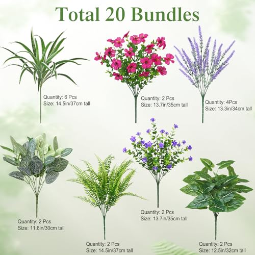 DEMIUKO 20 Bundles Artificial Plants Outdoor Fake Flowers UV Resistant Faux Greenery Stems Fake Ferns Shrubs Plastic Plants for Garden Patio Porch Yard Window Box Home Decor - color: Mix-1, size: 20PCS