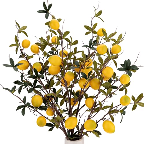 Gresorth 3 Pcs 37.4 Inch Yellow Lemon Lifelike Decoration Artificial Fake Plastic Branch Realistic Fruit Bouquet Display House Cabinet Table Model - color: Yellow Lemon
