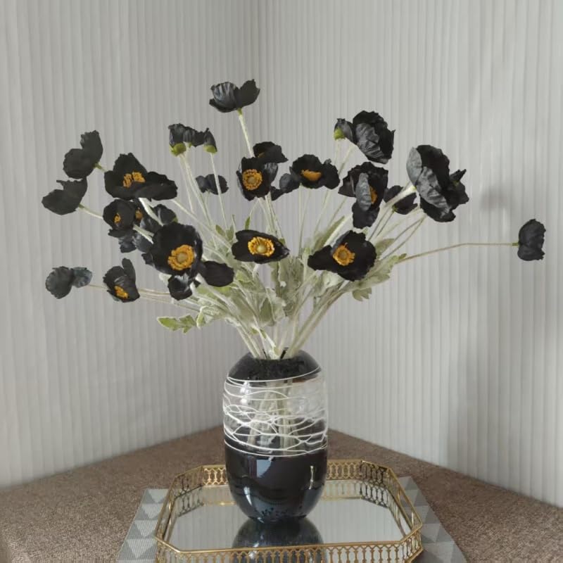 Poppy Flowers Artificial,Poppy Silk Flowers with Stems，Ranunculus Artificial Flowers，Faux Flower Stems for Wedding,Party, Outdoor Indoor Decor Flower Arrangements for Table (3, Black) - color: Black