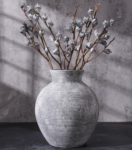 Ceramic Flower Vase Home Decor, 7.4 in Farmhouse Table Vases Retro Vintage Living Room Kitchen Bedroom Decoration Pottery Decorative Vases for Flowers House Shelf Office Desk Dining Entryway, Grey - color: 7.4 in - Grey
