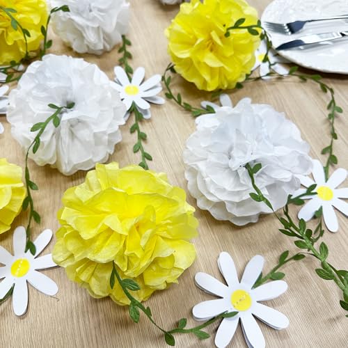 Daisy Party Decorations Yellow White Tissue Flowers Pom Pom Daisy Hanging Leaf Garland Streamer Banner for Spring Summer Themed Birthday Baby Shower Wedding Tea Party Supplies Home Garden Decor - color: Yellow White Daisy