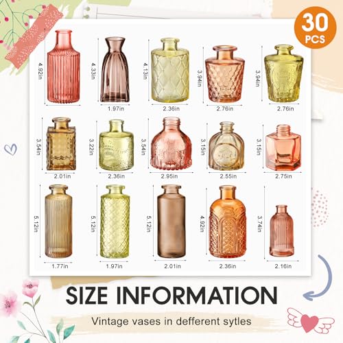 Yaomiao 30 Pcs Vases Bulk Colored Flower Glass Bud Vases Valentine Vintage Colored Glass Bottles Colorful Rustic Embossed for Home Wedding Table Decorations Gifts(Orange Yellow Series) - color: Orange Yellow Series