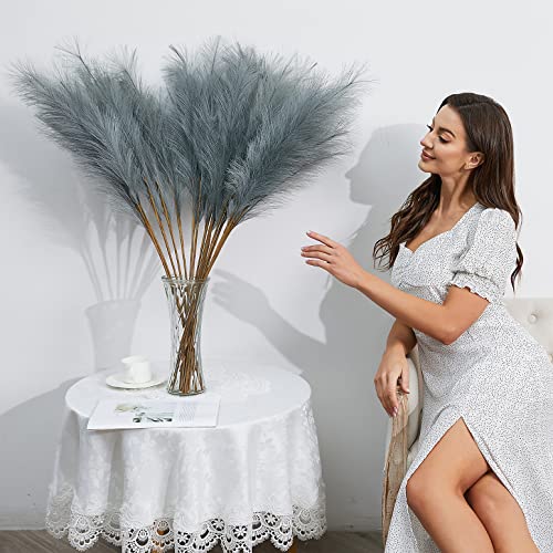 FOTEEWL 8 PCS Faux Pampas Grass Decor 38"/3.1FT Tall Fake Pompas Floral Large Artificial Pompous Grass Branches Plants for Floor Vase Filler Home Boho Decor (Grey) - color: Grey