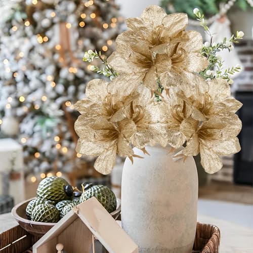 Briful Amaryllis Artificial Christmas Flower Stems, 19.7" Champagne Glitter Faux Amaryllis with Detachable Heads for Xmas Home Party Wedding Bouquet Vase Arrangement Decor - color: Champagne