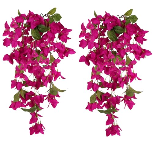 Artificial Hanging Flowers Bougainvillea, 2PCS UV Resistant Bougainvillea Silk Vine Flowers Fake Triangle Plum Blooming Faux Flower for Garden Porch Eave Wedding Wall Indoor Outdoor Decor (Rose Red) - color: Rose Red
