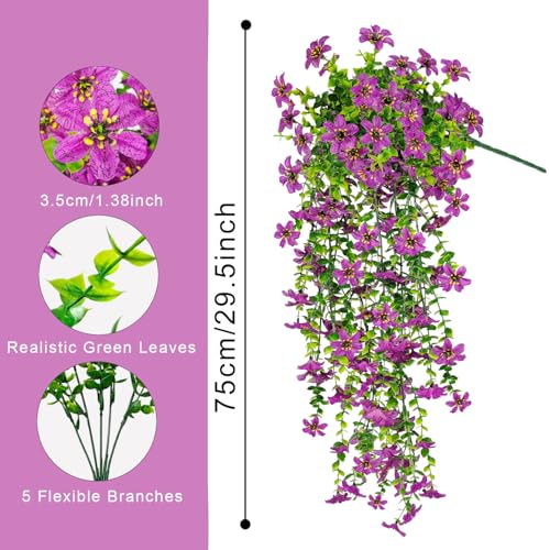 4 PCS Artificial Hanging Flowers for Outdoors, Fake Hanging Plants UV Resistant Faux Silk Daisy with Eucalyptus Leaves for Outside Home Indoor Planter Porch Patio Balcony Yard Decor (Purple) - color: Purple