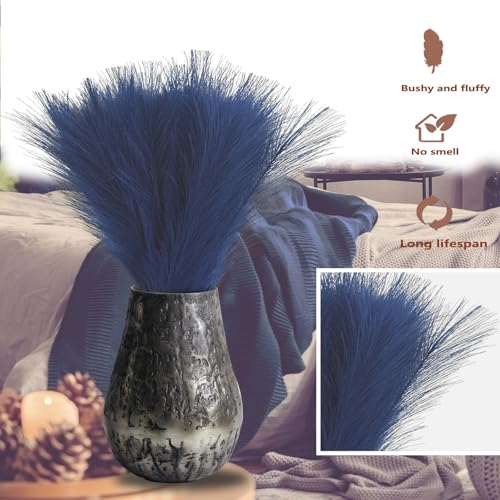Blue Pampas Grass Decor, 30 Pcs 17" Navy Blue Artificial Faux Pampas Grass Stems, Fluffy Fake Bulrush Floor Vase Filler Flower Arrangement for Boho Home Wedding Office Decoration - color: Blue