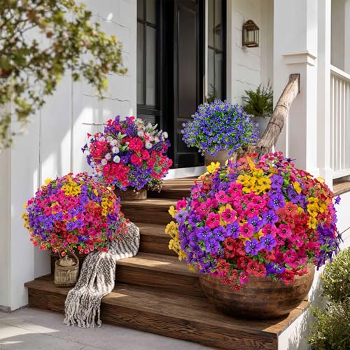 AXYLEX Artificial Flowers for Outdoors Fake Plants - 16 Bundles Faux Outside Greenery Boxwood UV Resistant Plastic Shrubs Decor (Mixed) - color: Mixed, 4 Colors Red Pink Purple Yellow