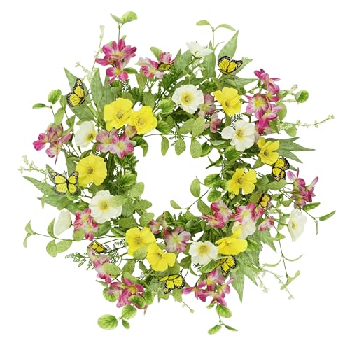 YNYLCHMX 20" Spring Summer Wreaths for Front Door, Artificial Wreath with Yellow Daisies Green Eucalyptus Leaves Butterflies, Green Foliage Wreath for Wall Window Farmhouse Party Holiday Home Decor - color: Daisies&butterflies