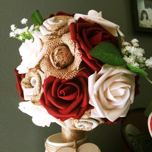 Higfra Artificial Flowers 50 Stems Realistic Roses - Lifelike Fake Flowers for Wedding Bouquets, Baby Shower Decor, Home Centerpieces, DIY Floral Arrangements (Burgundy, 50pcs) - color: Burgundy, size: 50Pcs