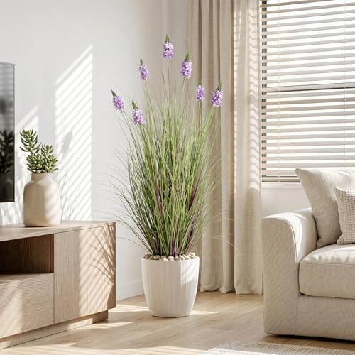 Fake Plants 47in - Artificial Grass with Hyacinth Flowers, 2PC Faux Plants with Pot for Indoor Outdoor,4FT Tall Grass Fake Greenery with Pot, Home Wedding Decor, Housewarming Gifts, Purple - color: 1.2m Purple2