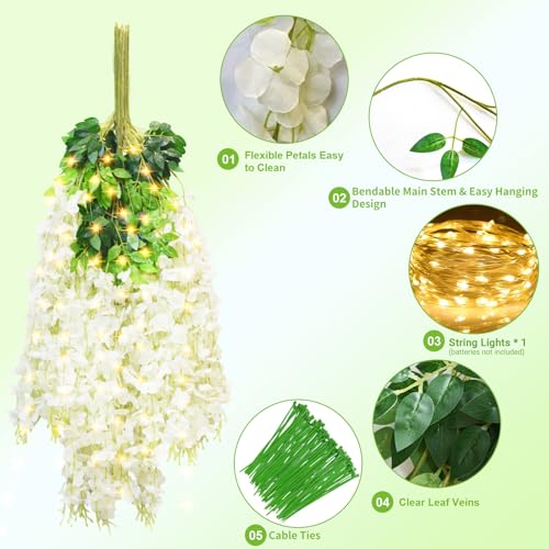 12 PCS Wisteria Hanging Flowers, 3.6ft Fake Vines Artificial Wisteria Garland Silk Flower String for Wedding Arch Garden Party Home Ceiling Wall Backdrop Tent Decoration (White) - color: White With Lights, size: 12 Pack