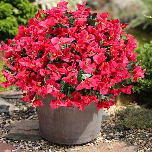 Fake Bougainvillea Artificial Flowers for Outdoors Spring Decor, 4 Bundles Outdoor Bougainvillea Silk Flowers for Outside Faux Plants UV Resistant Realistic for Planter Patio Porch Garden, Hotpink - color: Hotpink