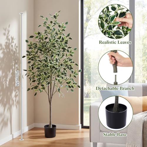 Daifunli 5ft Artificial Ficus Tree Faux Realistic Plants with Silk Leaves and Texture Trunks Fake Ficus Tree for Home Decor Indoor Office Living Room Porch Outdoor Housewarming Gift - style: Ficus