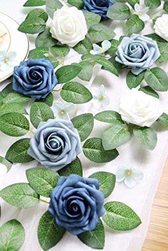 Artificial Flowers 25PCS Real Looking White & Dusty Blue Shades Fake Roses with Stem for DIY Wedding Bouquets Centerpieces Baby Shower Party Home Decorations - color: White & Dusty Blue Shades, size: 3"/25pcs