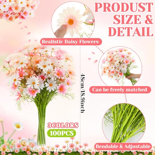 Giegxin 100 Pcs Artificial Daisy Flowers Bulk Realistic Fake Daisies Faux Wildflower Daisy UV Resistant Silk Fake Flowers Plants for Outside Wedding Garden Home Table Decor (White,Pink,Champagne) - color: White,pink,champagne