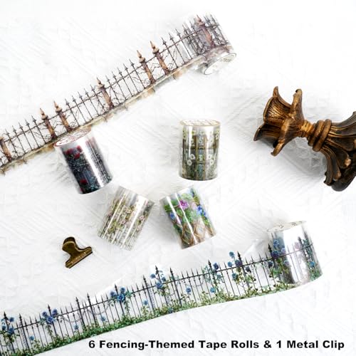 Fencing Border PET Tape Set – 6 Rolls Transparent Water-Resistant Garden Fence Designs, Mini Clip for Scrapbooking Journaling Planner Collage DIY, 1.97in x 78.7in Each - color: Ringwall