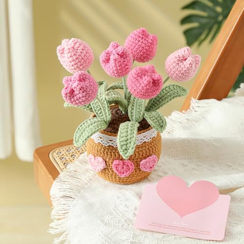 Teacher Appreciation Gifts Crochet Flowers Tulips Thank You Gift for Women Retirement Graduation Gifts Home Desk Decor (Pink)