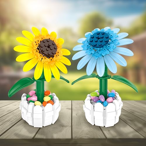 Brickcraft Bricktanicals Blue Sunflower in Picket Fence Pot Brick Building Set, 213 Piece Botanical Flower Model, Ages 8 Plus, Collectible Easter Display Set, Spring Gift for Kids and Adults - style: Blue Sunflower Spring