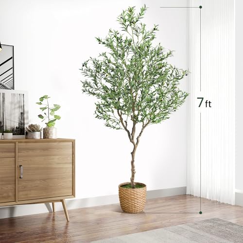 7ft Artificial Olive Tree Potted, Faux Indoor Plants with Natural Wood Trunk & Lifelike Fruits, Realistic Tall Fake Tree for Home Office Decor, Housewarming Gifts - size: 7ft