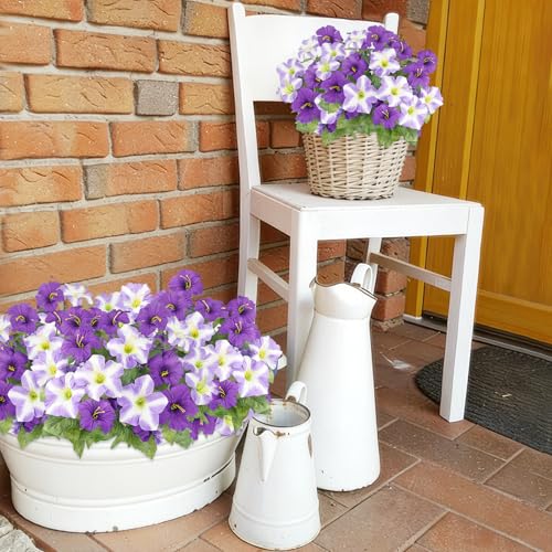 2 Pcs Artificial Flowers for Outdoors Fake Plants Outside Spring Summer Decoration Realistic Silk Morning Glory UV Resistant Faux Flowers for Planter Patio Yard Garden Porch Purple/Light Purple - color: Purple, Light Purple