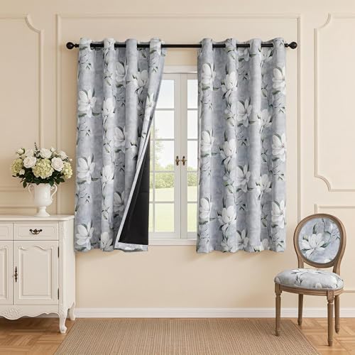MYSKY HOME Floral 95% Blackout Curtains 72 Inches Length 2 Panels Set Black Out Thermal Insulated Privacy Protect Boho Spring Flower Print Room Darkening for Living/Dining Room, 52" W, Light Grey - color: Light Grey, size: 52"W x 72"L (Pack of 2)