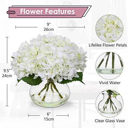 Hollyone Hydrangea Artificial Flowers with Vase White Silk Fake Flowers Arrangements in Glass Vase with Faux Water for Home Bathroom Office Table Centerpiece Shelf Decorations - color: Hydrangea, White