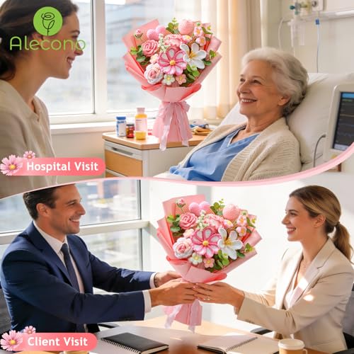 Alecono Large Crochet Flower Bouquet, Pink Knitted Flowers, Crochet Tulip Galsang Flower for Valentines Day Lover Anniversary Birthday Party Mother's Day Graduation Gifts (Include Card) - color: Pink, size: X-Large