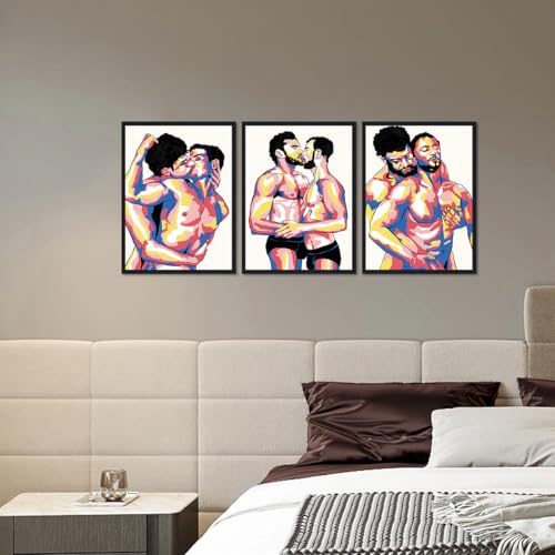 Gay Man Triptych Canvas Wall Art Male Couple Kiss Hug Posters Abstract Love LGBTQ Adult Men Prints Artwork Wall Decor for Apartment Bedroom Bathroom Hotel Bar Framed Ready to Hand 12x16inchx3pcs - color: Art08, size: 12x16x3Pcs Black Framed