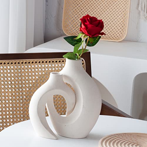 Levvohd Hollow Ceramic Vase Set of 2, Modern Nordic Minimalist Book Style Boho Aesthetic Vases for Home Decor Living Room Shelf Entryway Coffee Centerpiece Table Decorative (Cream White) - color: Off White - Round Hollow