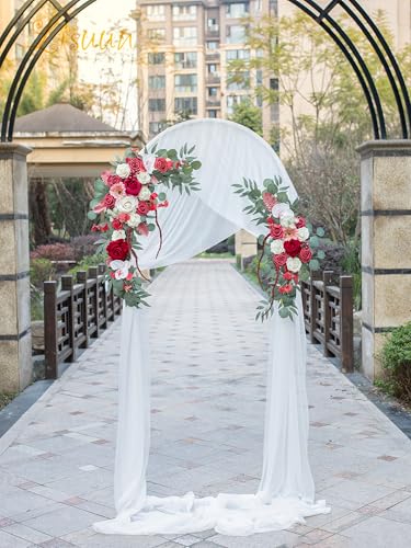Lisuun Artificial Wedding Arch Flowers with Chiffon Runner, Pack of 3 | Includes 2 Flower Swags, 1 20ft Chiffon Runner and Zip Ties for Wedding Arches, Arbors and Backdrops - color: Wine Red & Coffee