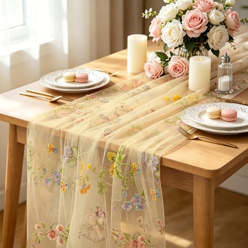 Champagne Floral Table Runner 10ft Embroidery Tulle Spring Wildflower Table Runner Seasonal Summer Butterfly Kitchen Dining Gauze Decoration for Baby Shower Wedding Party Birthday (1 Pcs) - color: Yellow