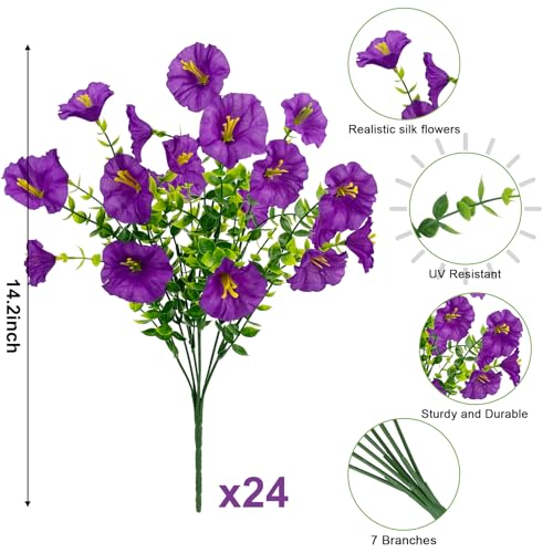 Ouddy Decor 24 Bundles Artificial Flowers for Outdoors Decoration Fake Silk Morning Glory Flowers Faux Eucalyptus Plants UV Resistant for Porch Patio Garden Spring Summer Home Decor, Purple - color: Purple