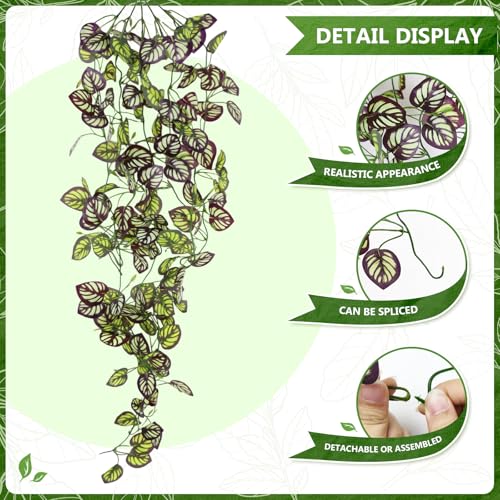 2-Pack Fake Hanging Plants, Faux Hanging Plant Artificial Greenery for Living Room Bedroom Boho Wall Shelf Indoor Outdoor Decor (Purple Feather Leaf) - color: Purple Feather Leaf