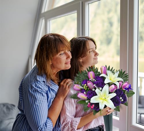 Cemetery Flowers with Vases for Grave Decor, Silk Lily Rose Tulip Headstone Flower,Tombstone Flower - Bright and Colorfast,Purple/White,2 Lovely Butterflies Included