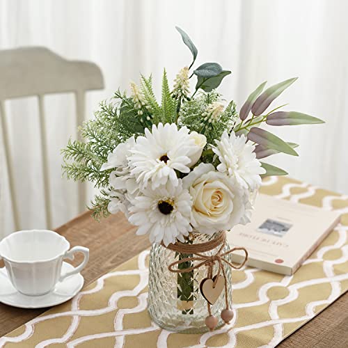 Artificial White Flowers with Vase, Fake Flowers Arrangement for Home Decor, Faux Flowers for Farmhouse Coffee Table Decor, House Kitchen Centerpiece Table Decorations - color: Milky White