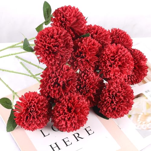 Hananona 12 Pcs Artificial Chrysanthemums Flowers Burgundy Red Flowers, Fake Mums Silk Flowers for Spring Home Decor Christmas Floral Arrangement Halloween Table Centerpiece (12, Burgundy) - color: Burgundy